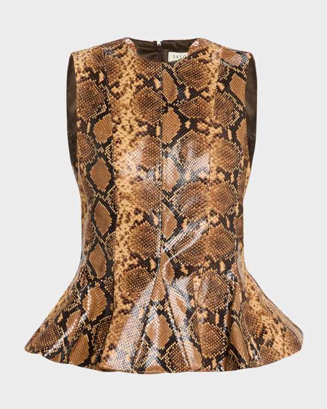 Izabel Snake-Embossed Leather Peplum Top